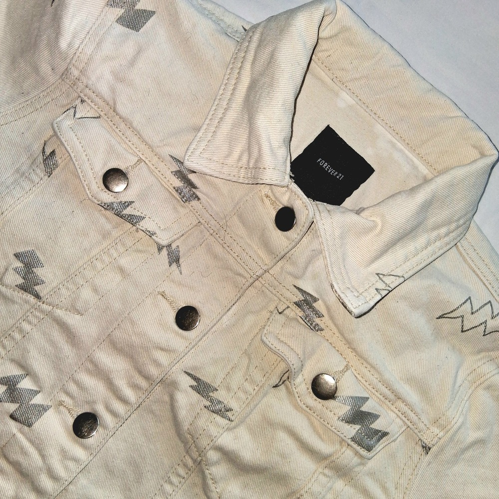 Forever 21 Women's Denim Jacket Girls Print Moto Aztec Western Cream